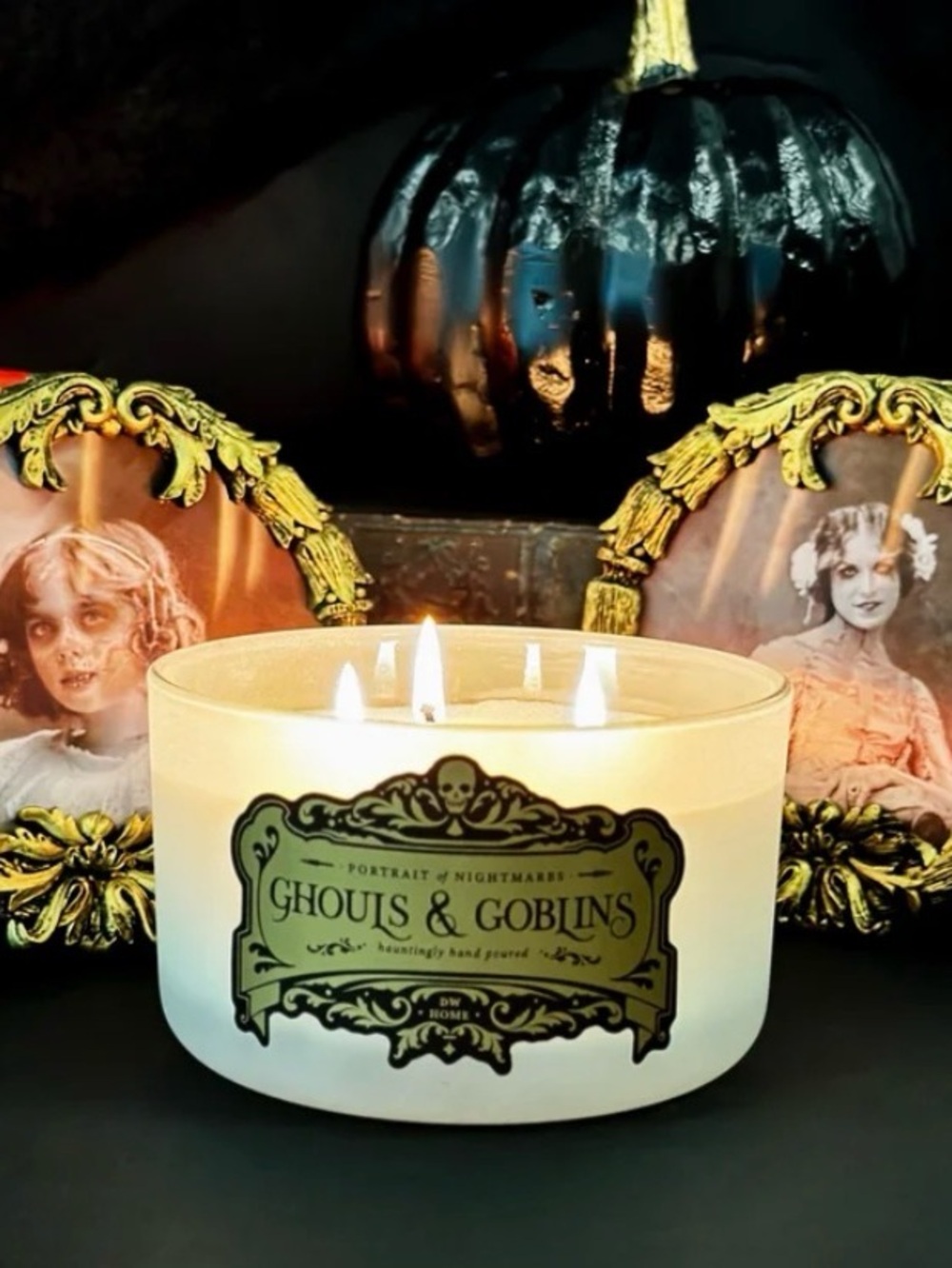 DW HOME “GHOULS & GOBLINS” Lenticular Decorative white & Gold Candle